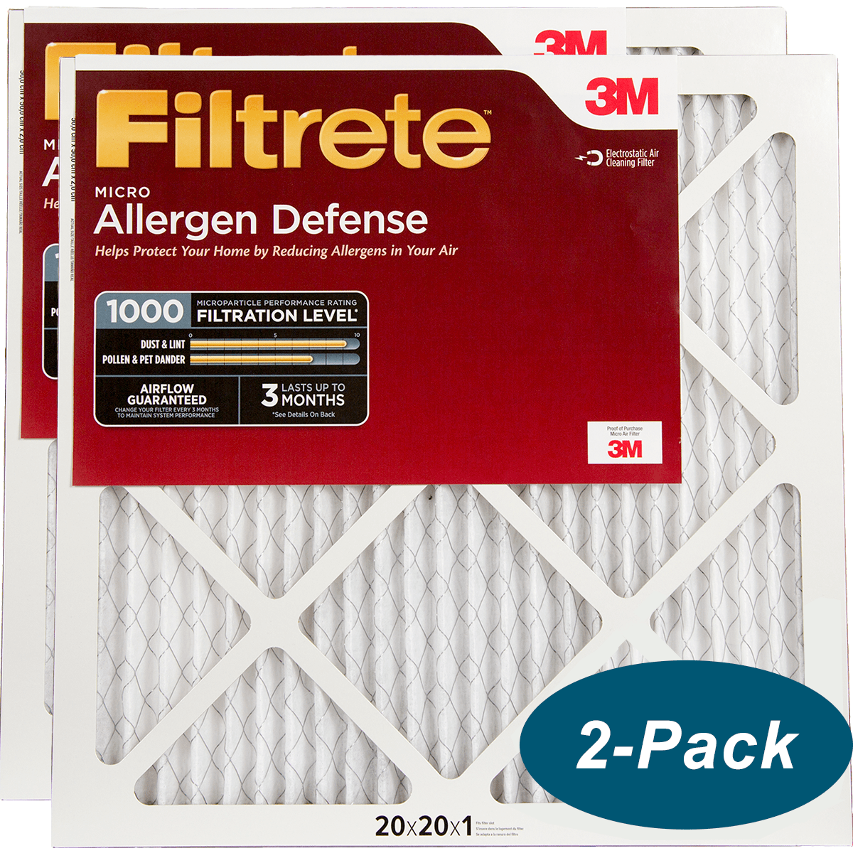 3M Filtrete 1-Inch Micro Allergen Defense MPR 1000 Air Filters 20x20x1 2-PACK