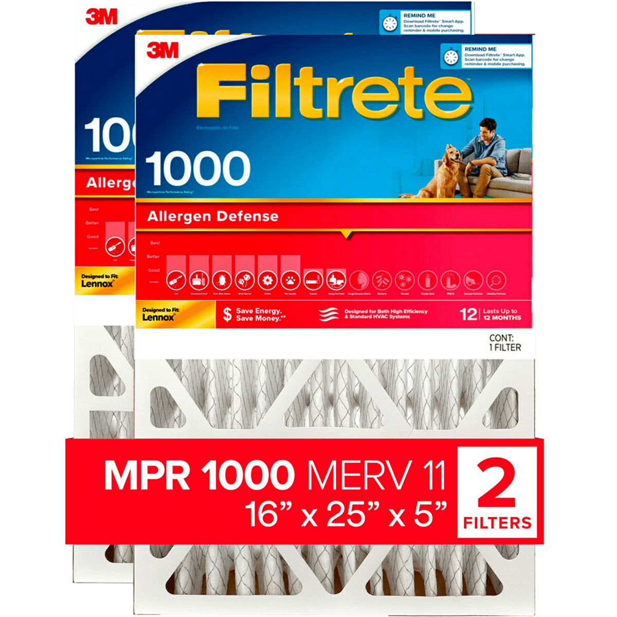 3M Filtrete 5-In. MPR 1000 Allergen Defense Furnace Filters - 16x25x5 - 2-Pack