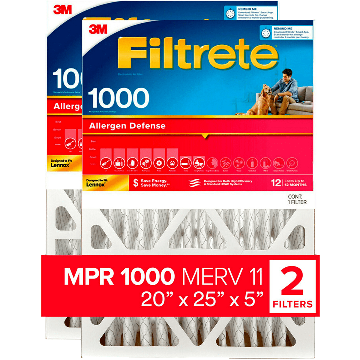 3M Filtrete 5-In. MPR 1000 Allergen Defense Furnace Filters - 20x25x5 - 2-Pack