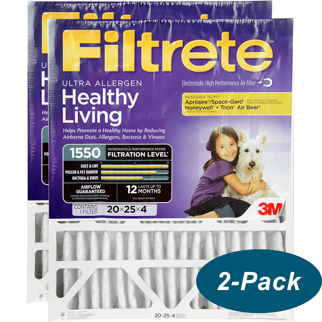 3M Filtrete Healthy Living 1550 MPR Ultra Allergen Reduction Filters 20x25x4 2-PK