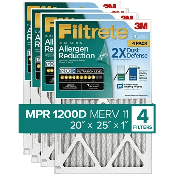 3M Filtrete MPR 1200D MERV 11 Allergen Reduction & Dust Defense Filters - 4 Pack 20x25x1