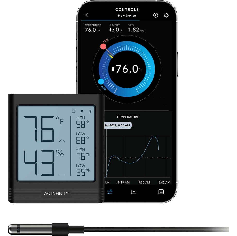 AC Infinity Cloudcom B1 Smart Thermo-Hygrometer 12 Ft. Corded Sensor Probe