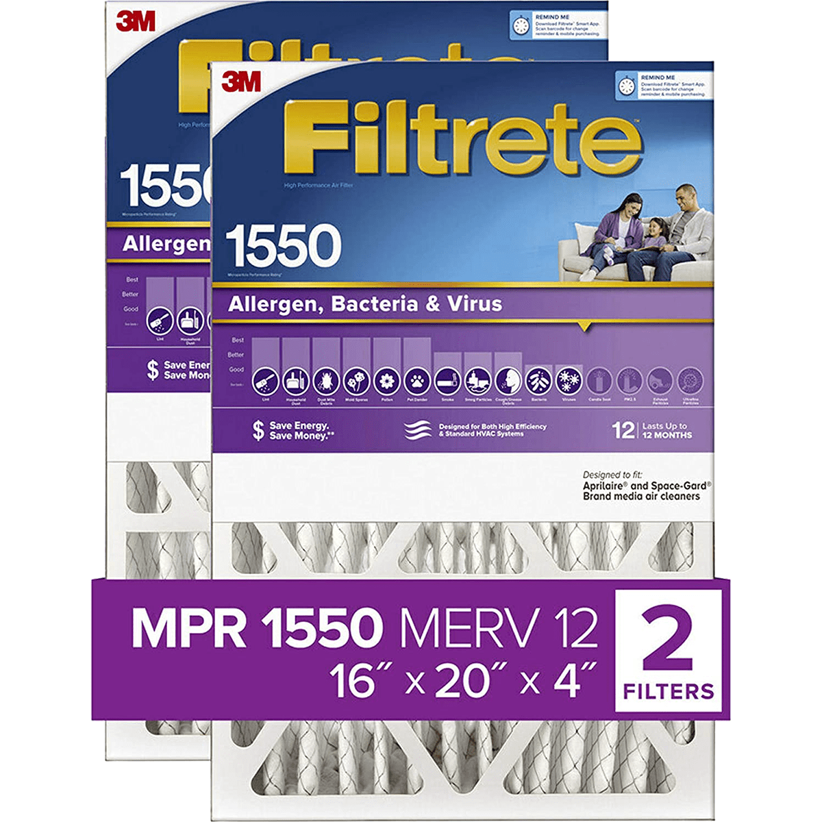 Filtrete Healthy Living 1550 MPR Ultra Allergen Reduction Filters 16x20x4 2-PACK