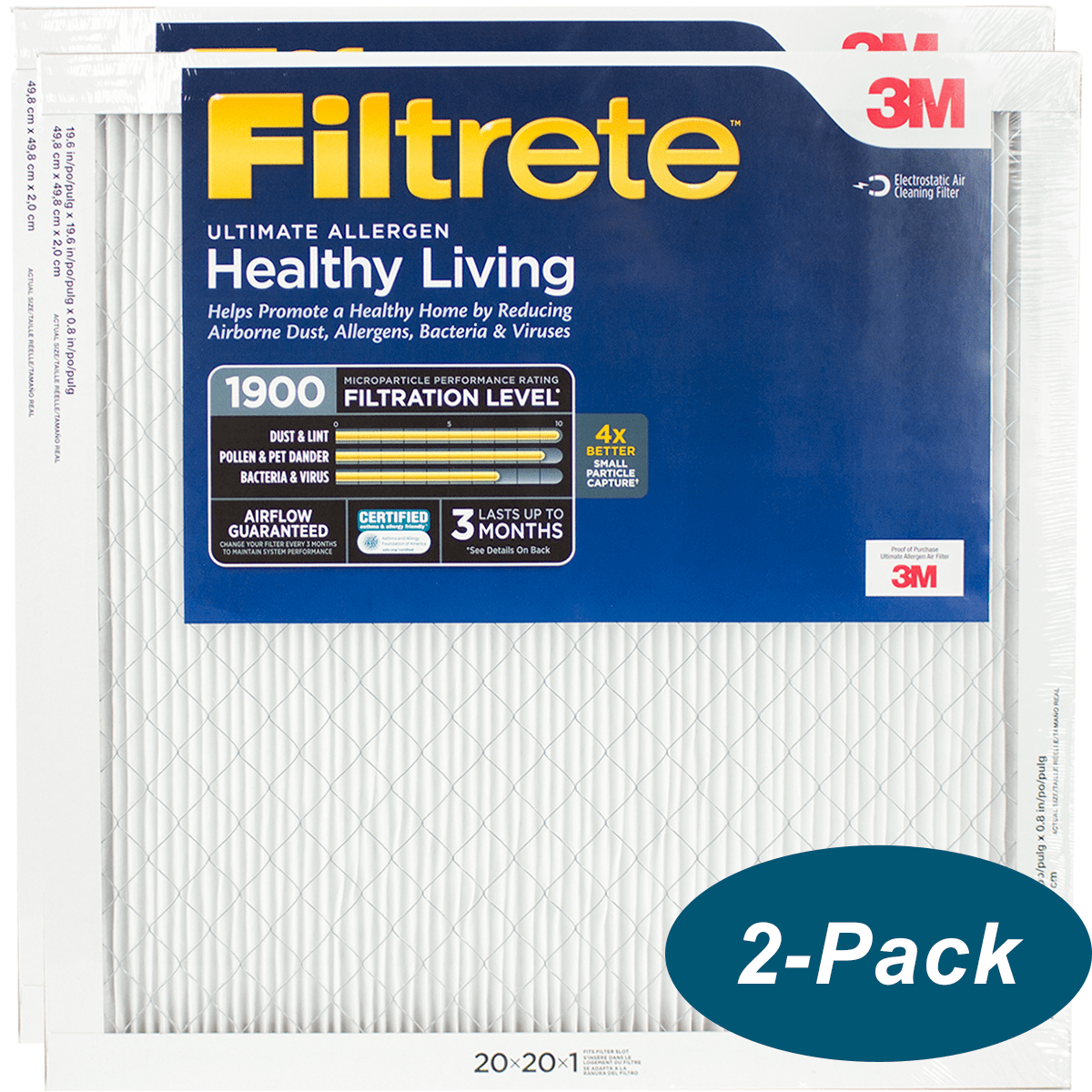 3M Filtrete Healthy Living 1900 MPR Ultimate Allergen Reduction Filters 20x20x1 2-PACK