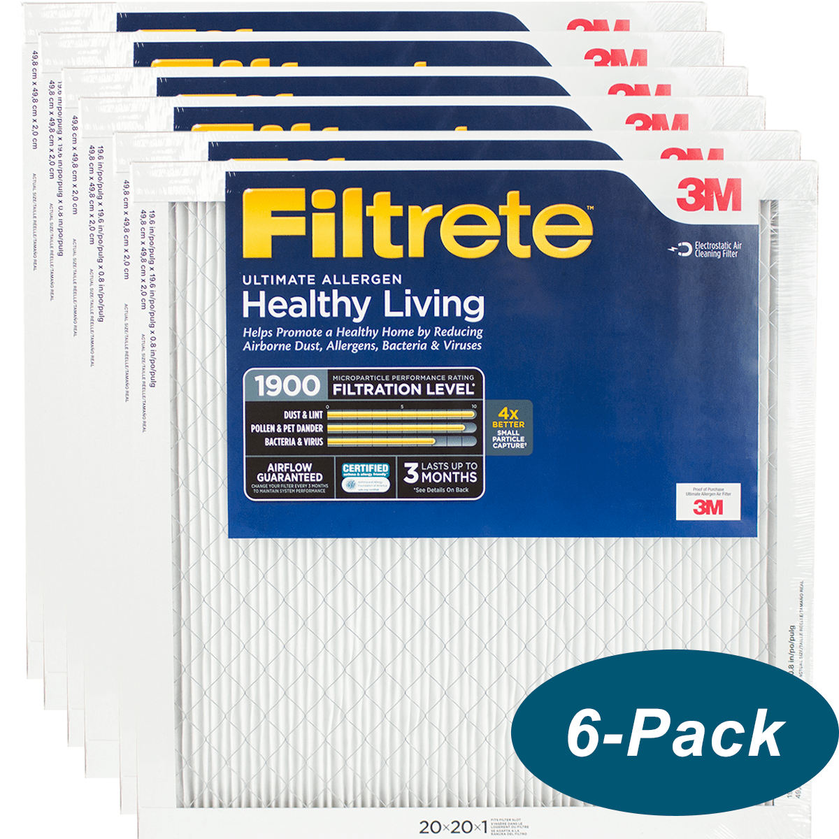 3M Filtrete Healthy Living 1900 MPR Ultimate Allergen Reduction Filters 20x20x1 6-Pack
